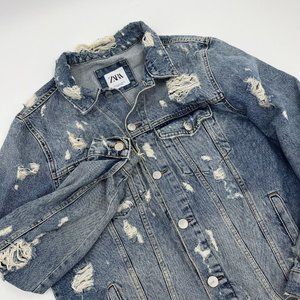 Zara Women's XL Denim Distressed Ripped Jean Jacket